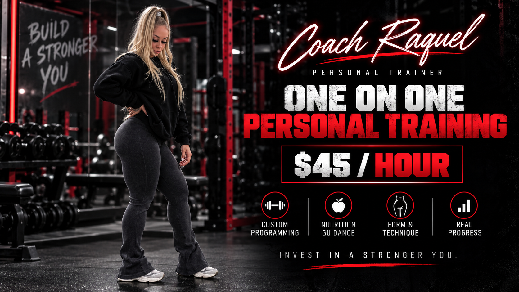 Coach Raquel one-on-one personal training graphic with $45 per hour pricing