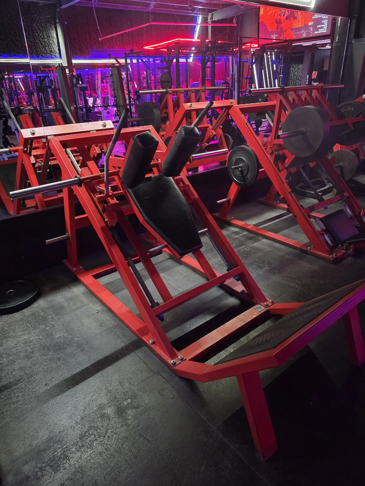 Plate-loaded deep-range hack squat machine at Iron Arms Gym